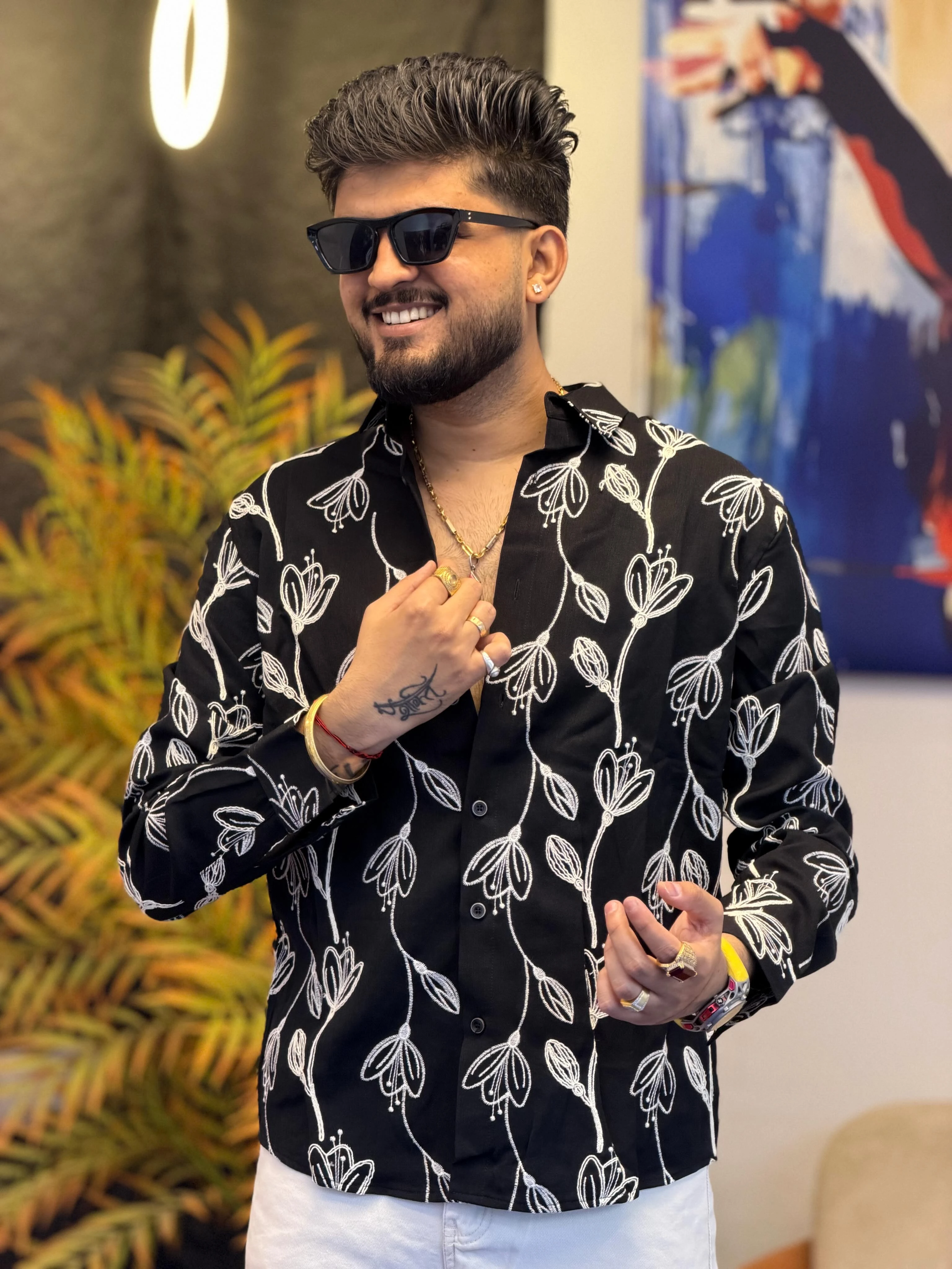 Men's Black Floral Embroidered Premium Casual Shirt - black