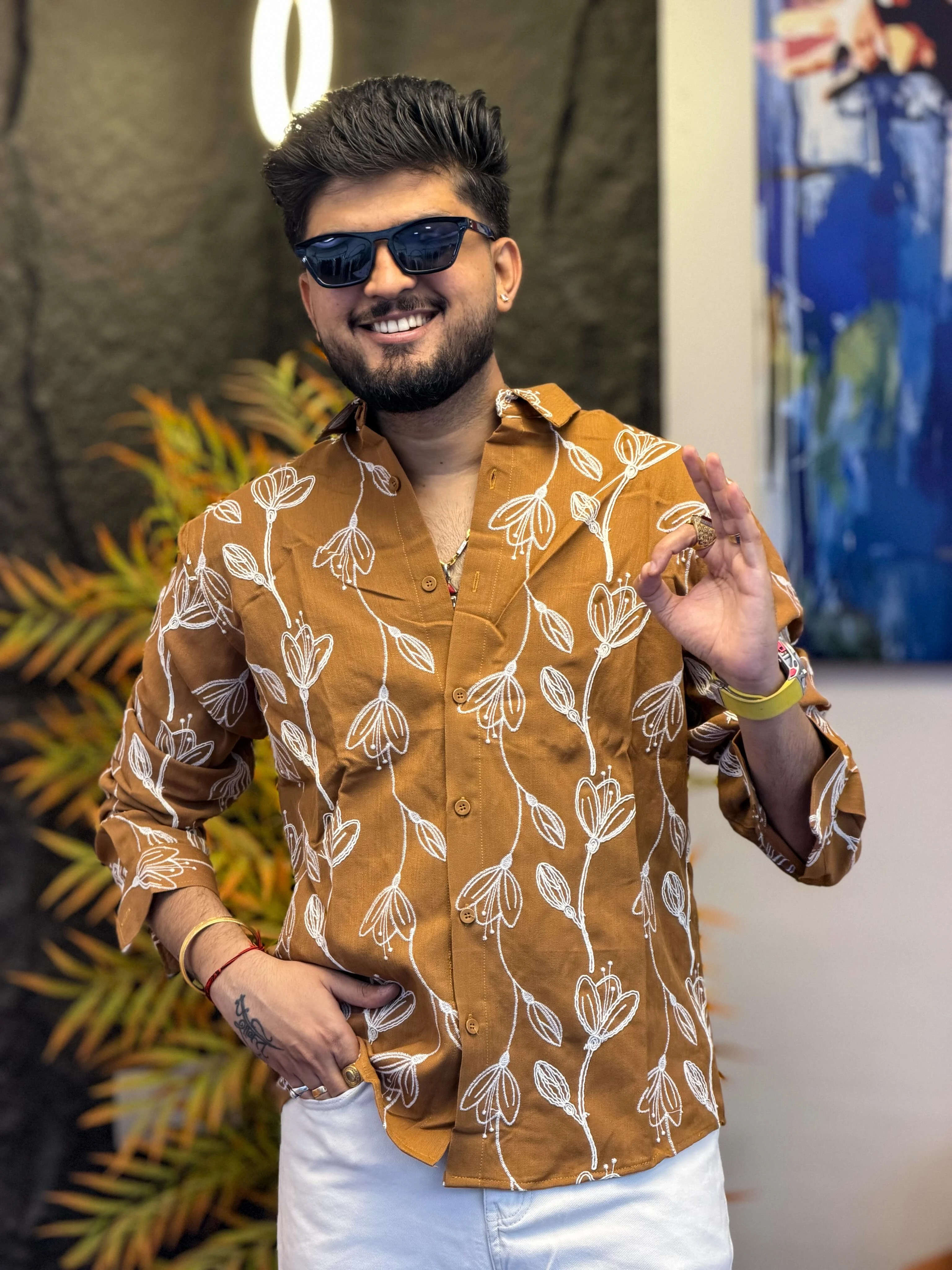 Men's Black Floral Embroidered Premium Casual Shirt - Mustard