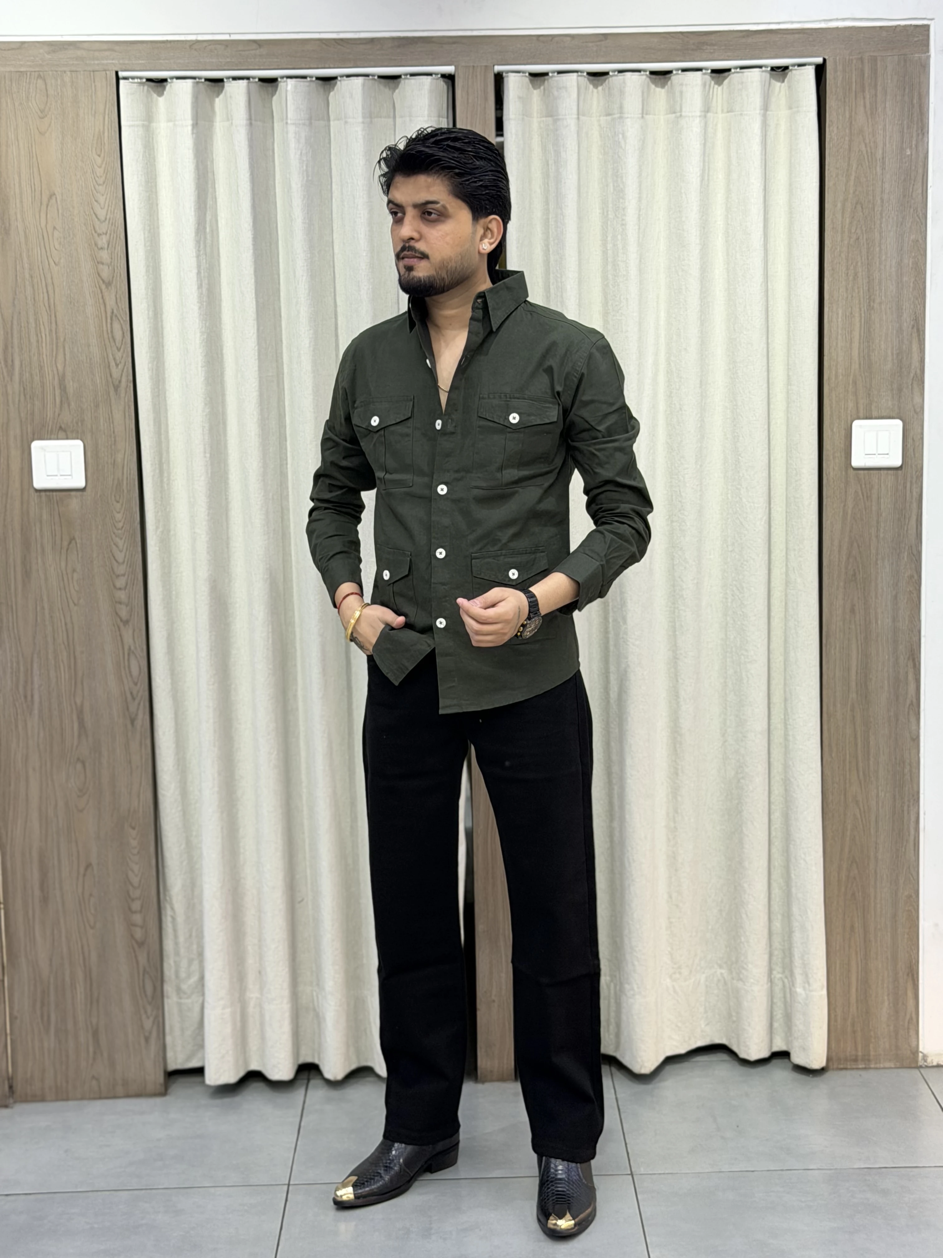 PREMIUM QUALITY FOUR POCKET HUNTING SHIRTS - Olive Green