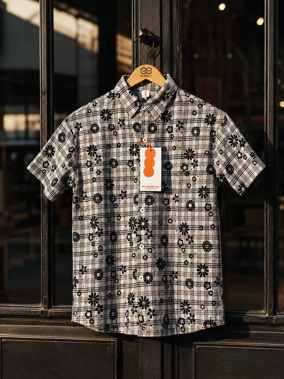 S-EIGHT White & Black Floral Check Premium Casual Shirt for Men
