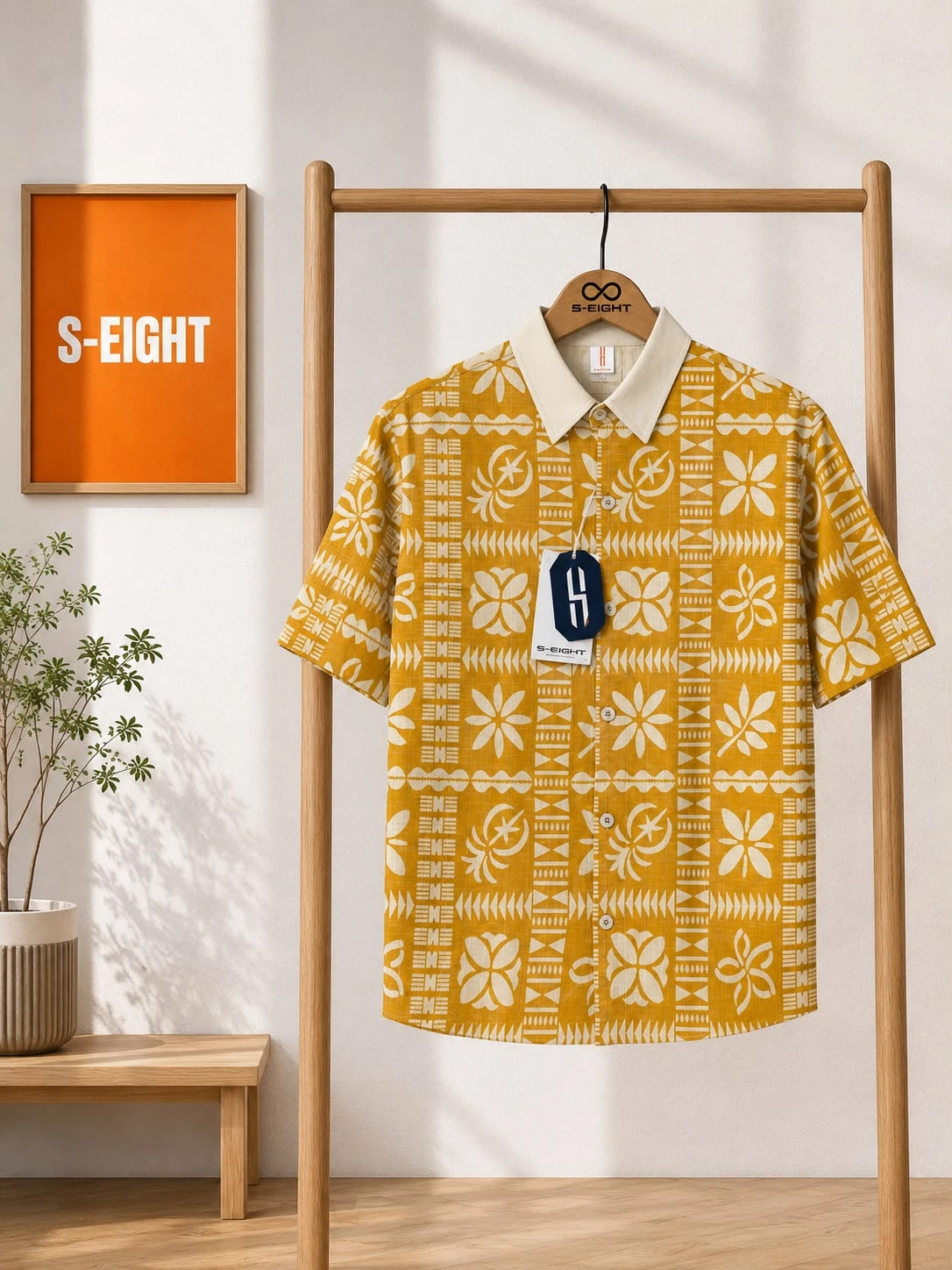 S-EIGHT Mustard Geometric Print Premium Casual Shirt for Men