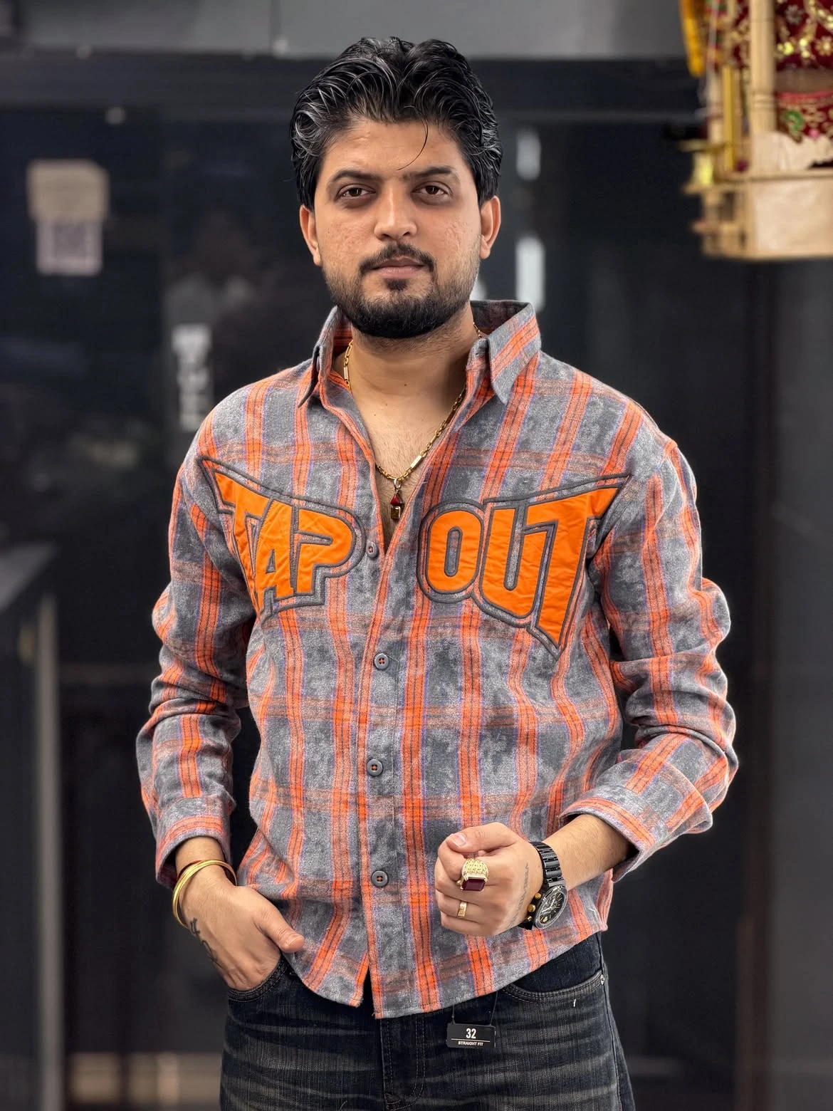 Premium Quality Cotton Fabric Fashion Shirts - Grey Orange