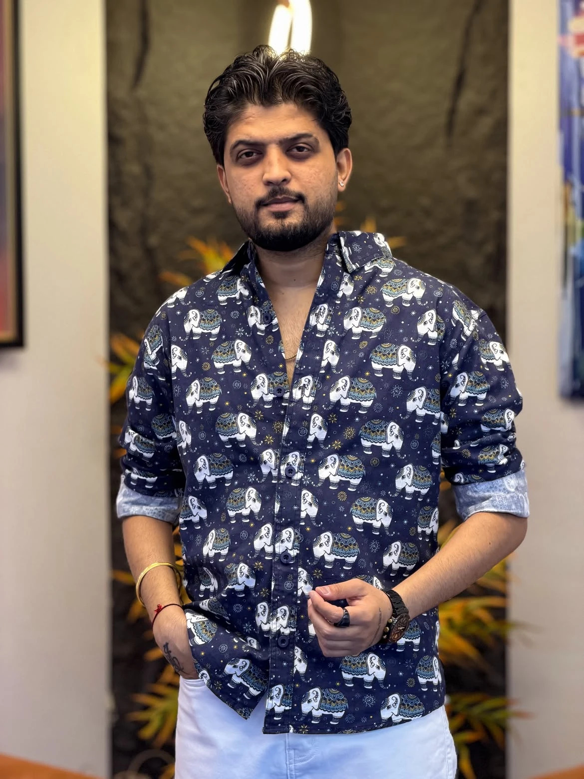 Men's Raw Blue Elephant Print Premium Cotton Casual Shirt | Full Sleeve | Regular Fit