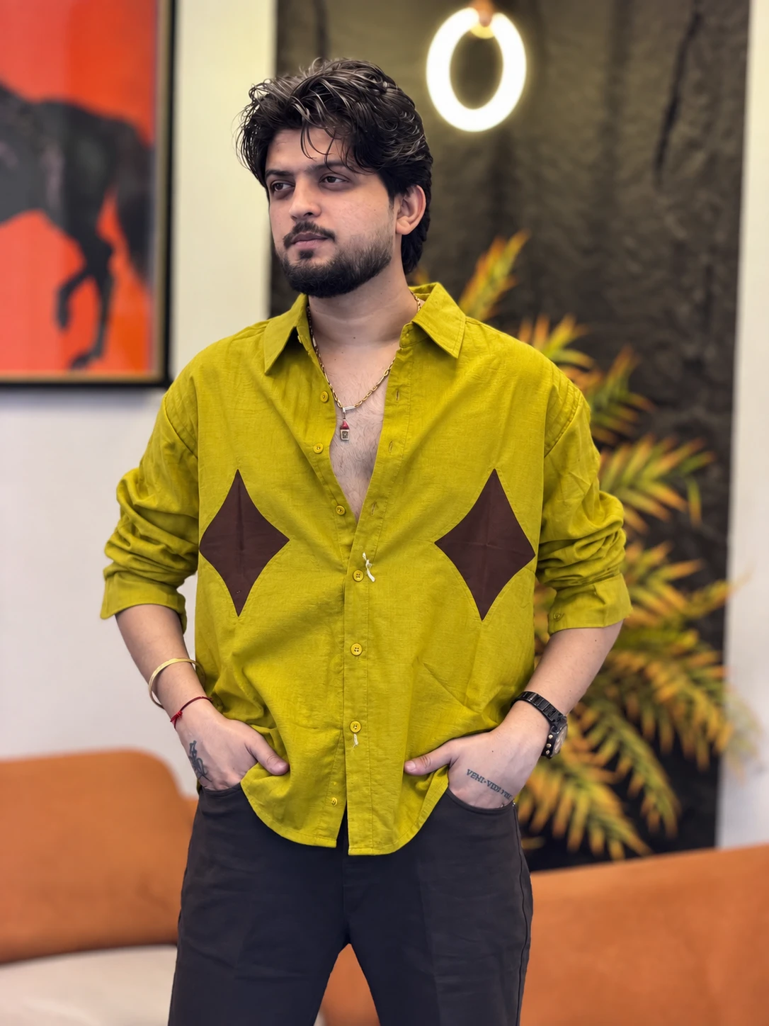 Contrast Panel Casual Shirt - Mustard Yellow