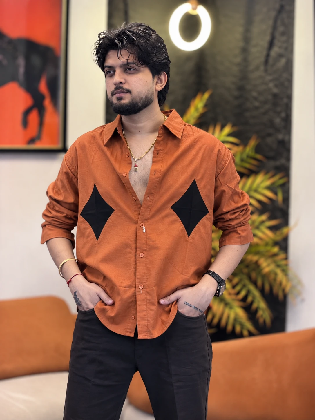 Contrast Panel Casual Shirt - Rust Orange