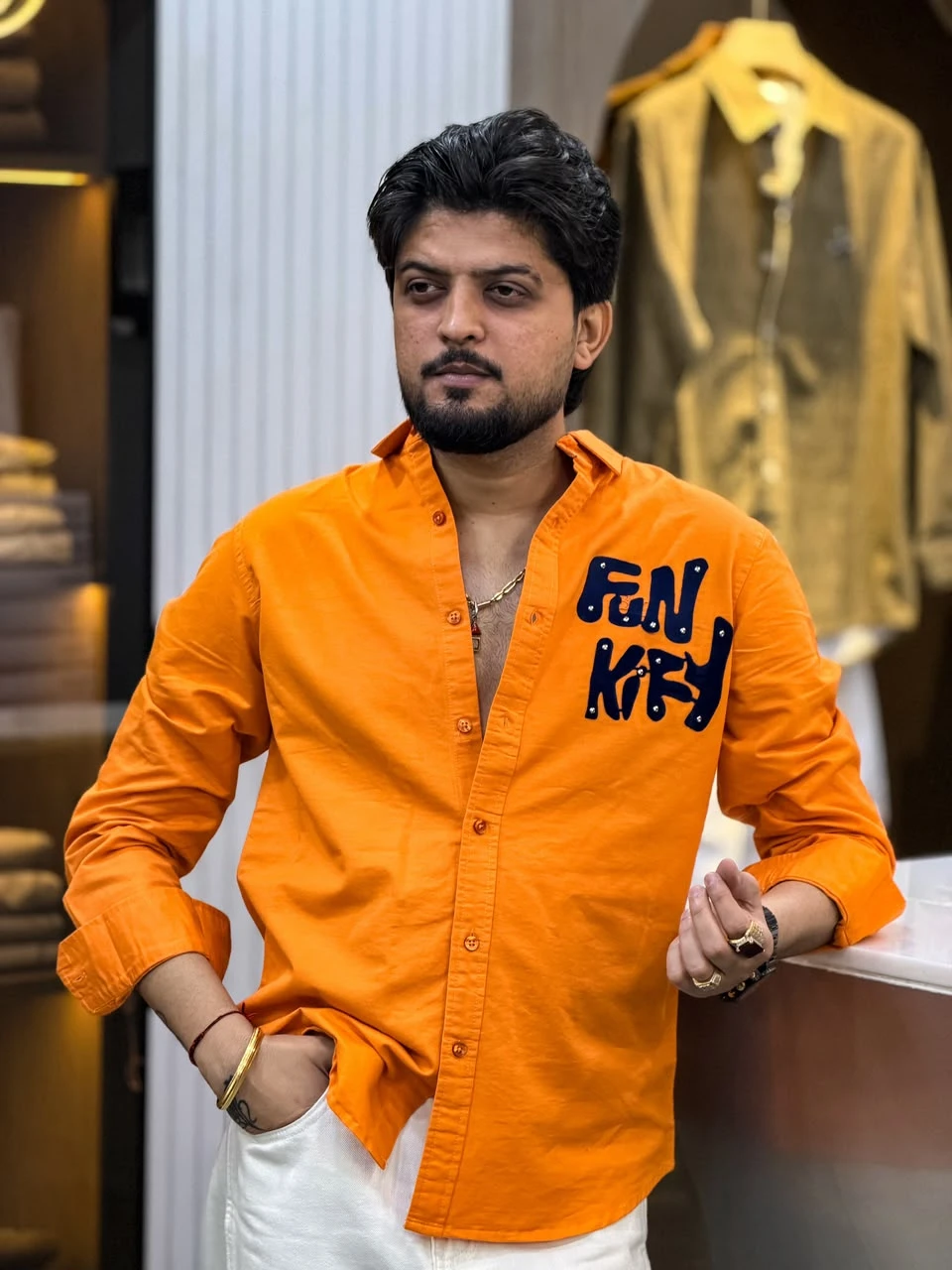 Signature Studded Letter Patch Shirt - Orange