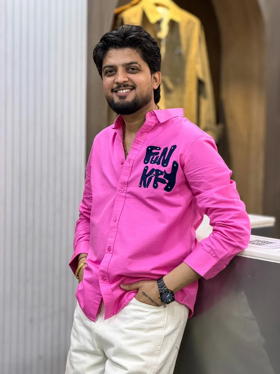 Signature Studded Letter Patch Shirt - Pink