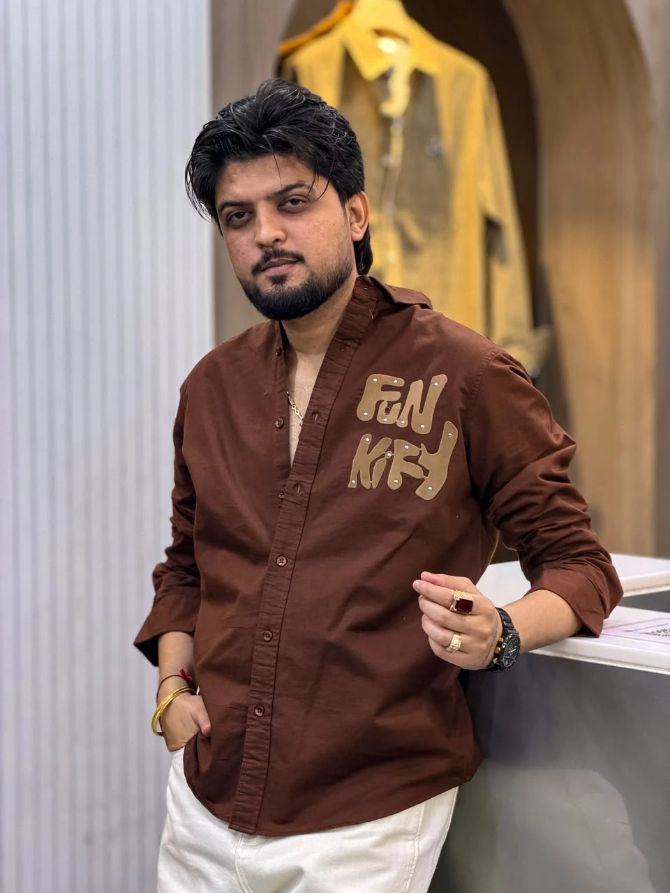 Signature Studded Letter Patch Shirt - Brown