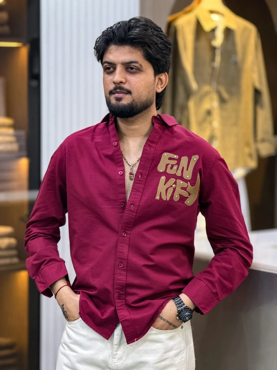 Signature Studded Letter Patch Shirt - Maroon