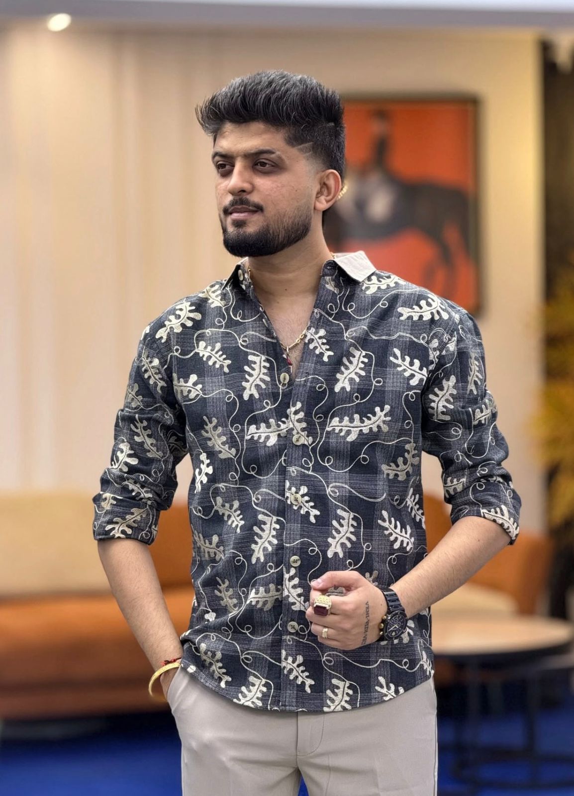 Stylish Grey Printed Casual Shirt Men Fashion Look