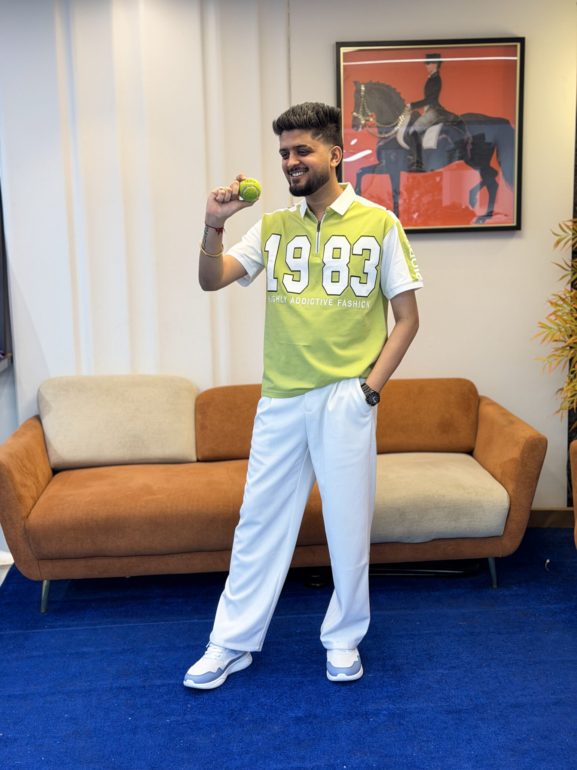 Men’s 1983 Graphic Print Lime Green Polo T-Shirt – Casual Premium Cotton T-Shirt for Men - Image 2