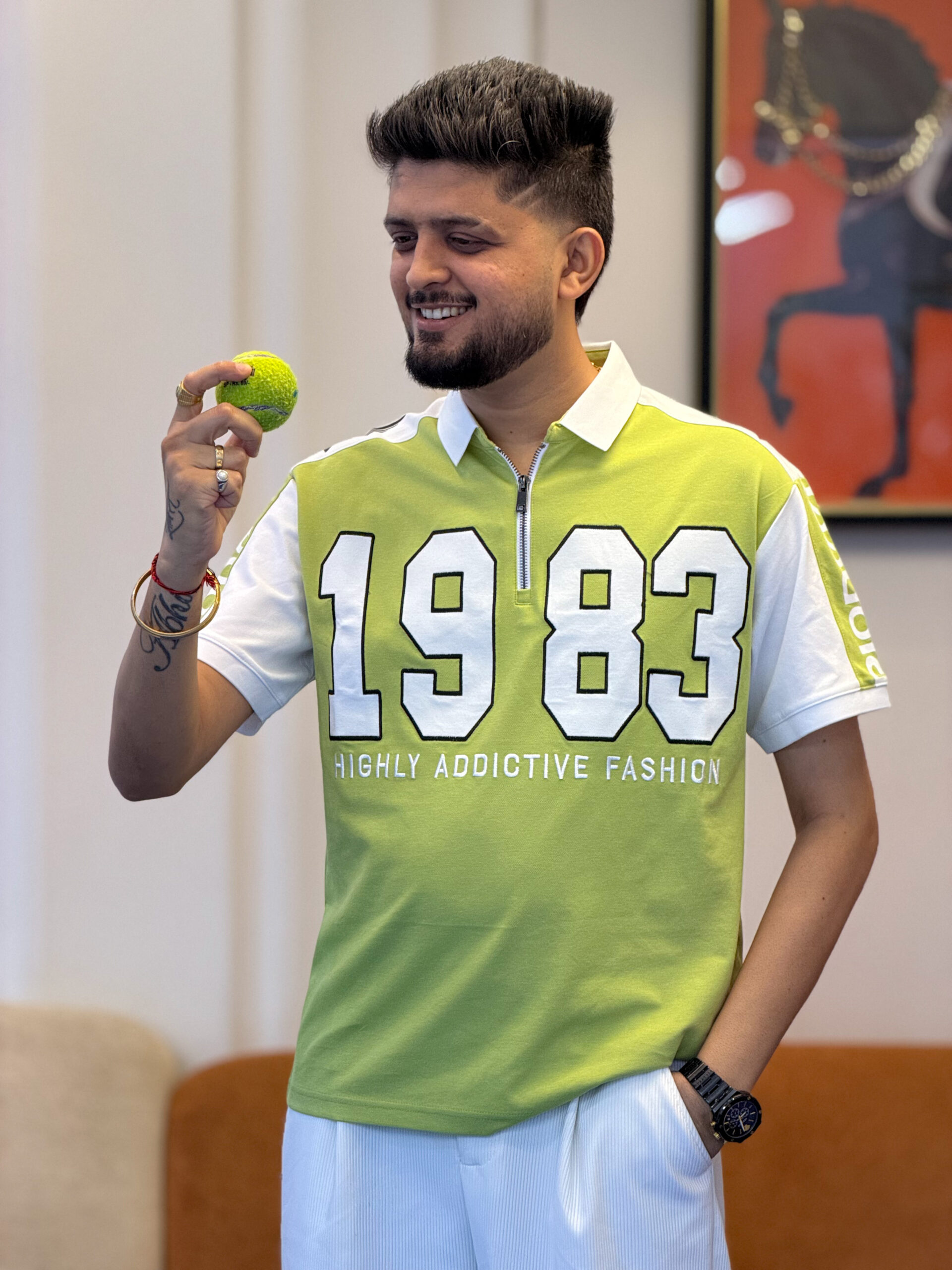 Men’s 1983 Graphic Print Lime Green Polo T-Shirt – Casual Premium Cotton T-Shirt for Men